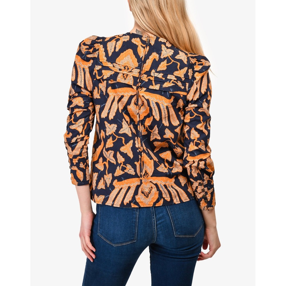 ULLA JOHNSON Gemi Blouse Women 6 Navy Orange Floral Long Sleeve Pleated Cotton - Picture 2 of 13